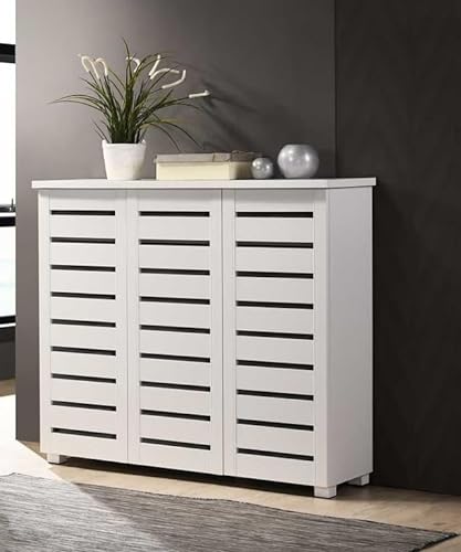 Timber Art Design UK Shoe Cabinet Storage Cupboard Bedroom, Living Room, Hallway Wooden Stand Rack Unit 3 Door 5 Tier White Space Saving Cupboard - 33.6D x 114W x 98.3H cm
