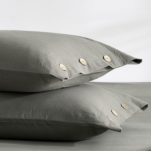 JELLYMONI 100% Washed Cotton Pillowcases, Standard, Button Closure - OEKO-TEX Certified, Pre-Shrunk, Natural Wrinkles, Linen-Look Texture for Everyday Bedding, Set of 2, 20 x 26 in