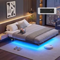 VASAGLE King Size Floating Bed Frame with LED Lights & Charging Station - Platform Bed, 150 x 200 cm, Steel Frame, 2 AC Outlets, 1 USB-A Port, 1 USB-C Port, Supports up to 500 kg RMB177B101