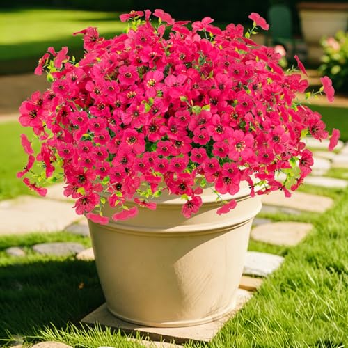 DealBeta 12 Bundles Artificial Flowers for Outdoor Fake Plastic Flowers Faux Plants for Decoration Hanging Planters Indoor Outside Garden Porch (Rose Red)