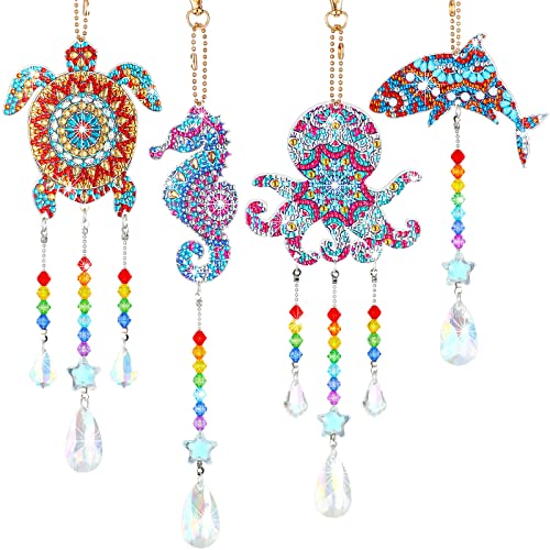Queekay 4 Pcs Ocean Diamond Art Kits Art Wind Chime Bedazzling Sea Animal Diamonds Painting Suncatcher Double Sided Crystal Rhinestone Big Gem Suncatcher Hanging Ornament for Garden Home Window Decor