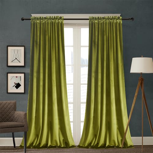 Roslynwood Velvet Curtains 2 Panels Set, Block Light Thermal Insulated Velour Rod Pocket Drapes for Bedroom and Living Room (52 x 96 inch, OliveGreen)