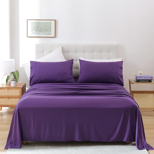 Whitney Home Textile Twin Sheets Set, Soft Microfiber Hotel Bed Sheets Twin Size, Extra Deep Pocket, Luxury Breathable Bedding Sheet & Pillowcase Sets, 3 Piece Wrinkle Free Oeko-Tex, Purple