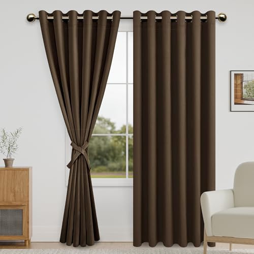 DWCN Blackout Curtains for Bedroom with Tiebacks - Room Darkening Privacy Grommet Top Window Curtains for Living Room, 70 x 84 inch Length, Brown, Set of 2 Panels