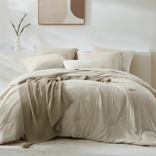 King Size Comforter Set- 7 Pieces Prewashed Bed in a Bag King Bedding Sets - Soft All Season Comforter with Sheets, Pillow Shams & Pillowcases,Light Oatmeal