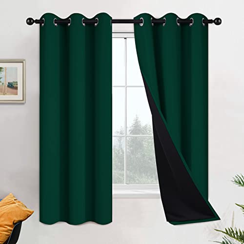 "Yakamok Dark Green 100% Blackout Curtains 63 Inches Long 42"" Wide 2 Panels - Blackout Curtain Panels for Bedroom, 2 Thick Layers Grommet Top Thermal Insulated Drapes with Black Liner for Living Room"