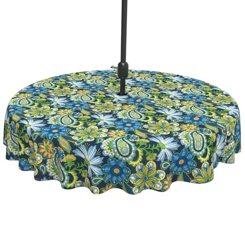 TWELAR Outdoor Tablecloth with Umbrella Hole and Zipper,Outdoor Round Table Covers for Backyard Garden,Water Repellent and Fade Resistant Table Cloth,60Inch,Flower Child