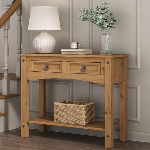 Corona Console Table with 2 Drawers Mexican Solid Pine Wax Finish Black Metal Hardware W 88 x D 32 x H 73 cm