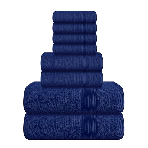 Elvana Home 8 Piece Towel Set 100% Ring Spun Cotton, 2 Bath Towels 27x54, 2 Hand Towels 16x28 and 4 Washcloths 13x13 - Ultra Soft Highly Absorbent Machine Washable Hotel Spa Quality - Navy Blue