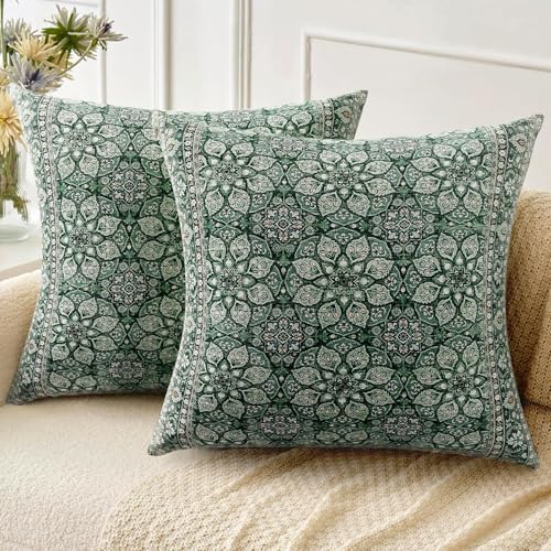 ZSYTZL Boho Throw Pillow Covers 26x26 inch Set of 2,Soft Pillowcases Bohemia Carpet Pattern Decorative Sofa Living Room Bed Square Pillow Case Cushion Cover-Green Flower