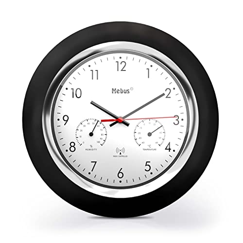 Mebus Radio-Controlled Wall Clock with Thermometer and Hygrometer/Black Frame/White Dial / 24 cm Diameter/Round/Model: 19453 / Colour: Black/White
