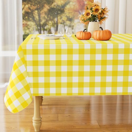 "misaya Rectangle Waterproof Vinyl Table Cloth, Buffalo Flannel Backed Tablecloth, Wipeable Plastic Table Cover for Dinner, Kitchen, Outdoor (60"" x 120"", Yellow and White)"