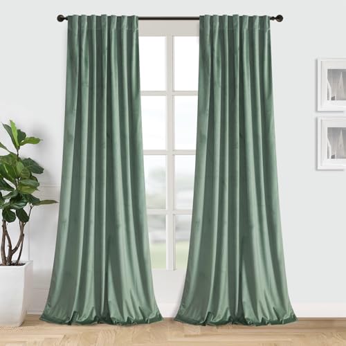Roslynwood Luxury Soft Sage Green Velvet Curtains 108 inches Long Back Tab Thermal Insulated Blackout Window Drapes for Living Room/Bedroom/Dining Room, W52 x L108, 2 Pcs