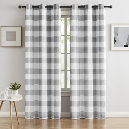 "Bapawfish Gray White Plaid Full Blackout Window Curtains 84 Inches Long - Farmhouse Geo Checkered Panels Linen Texture Grommet Drapes Noise Reducing Window Treatment for Bedroom,Living Room,40""x84""x2"
