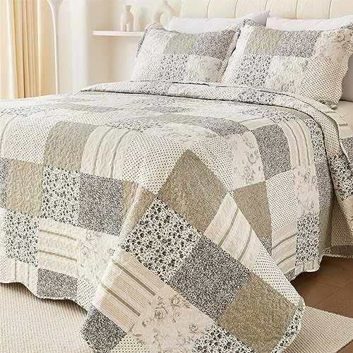 Cmfshape Summer Floral Queen Quilt Set,Grey Patchwork Quilts Queen,Reversible Quilted Bedspread with 2 Shams, Vintage Farmhouse Coverlet(Grey, Queen90 x90)