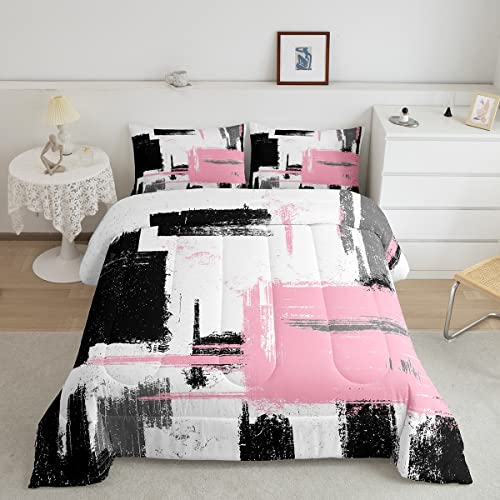 Feelyou Abstract Bedding Set Comforter Set for Kids Boys Children Modern Abstract Art Comforter Ultra Soft Decor Black Pink White Duvet Set Queen Size