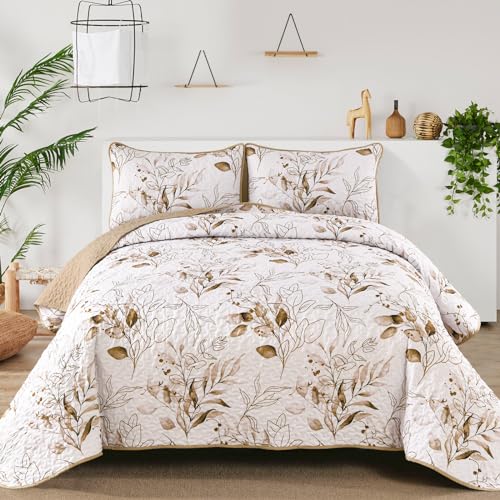 Aninbedding Floral Queen Quilt Set,Brown Autumn Bedspread Coverlet Set with 2 Pillowcases,Lightweight Soft Micorfiber Bedding Set for All Season (96??????X90??????)