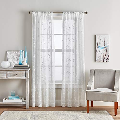Curtainworks Botanical Embroidery Sheer Window Curtain Collection, Rod Pocket, 84-inch Panel Pair, White