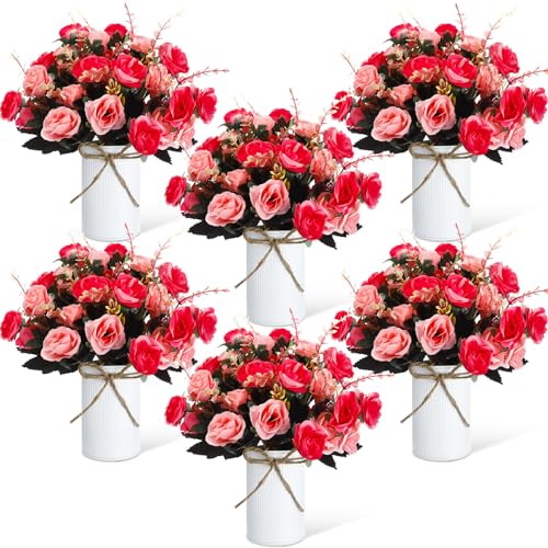 Domensi 6 Sets Wedding Centerpiece for Table Artificial Rose with Vase Fake Bouquets and Metal Pot Flower Arrangements for Bridal Shower Birthday Party Event Table Decor (Rose Red)