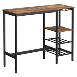 VASAGLE High Table, Dining Table, Bar Table, with Wine Glass Holder and Bottle Rack, for Living Room, Kitchen, 110 x 40 x 90 cm, Industrial, Rustic Brown and Black LBT013B01