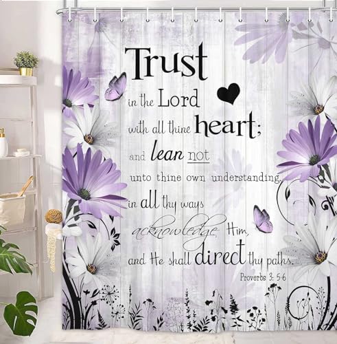 Inspirational Bible Verse Shower Curtain, Purple Floral Daisy, Rustic Farmhouse Butterfly, 70X75IN with 12PCS Hooks