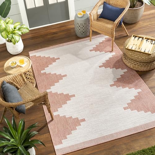 Livabliss Rubal Lagada Indoor Outdoor Floor Covering 130x180 cm – Boho Pattern for Living Room, Dining & Kitchen, Waterproof & Stain-Resistant, Coral & Ivory