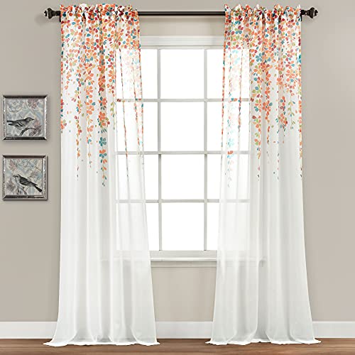 "Lush Decor Weeping Flower Sheer Window Curtain Panel Pair, 84"" Long x 38"" Wide, Turquoise & Tangerine"