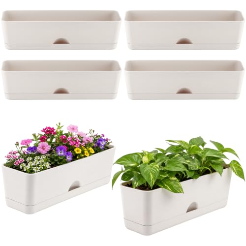 6 Pack Rectangle Planter 16x4.4 Inch Window Boxes Planters Rectangular Large Window Sill Planters Indoor Self Watering Plant Pots with Drainage Holes and Saucers Succulent Herb Flower Pots, Light Grey