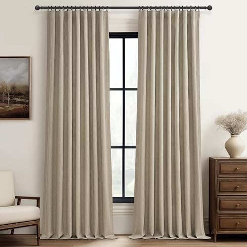 "Pleat Linen Blend Room Darkening Extra Long Curtains 120 Inch Length 2 Panels Set for Living Room, Grey Beige for Bedroom Large Windows Blackout Drapes Heat Blocking for Summer Heat (50""Wx120""L)"