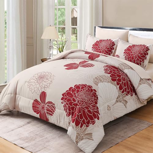 "Yiran 7 Pieces Queen Comforter Set Red Floral Bed in a Bag Soft Microfiber Bedding Set 90""??90""(1 Comforter 1 Flat Sheet 1 Fitted Sheet 2 Pillowshams 2 Pillowcases)"