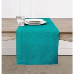 Solino Home 100% Pure Linen Dining Table Runner Teal Hemstitch, 14 x 108 in - Classic Hemstitch Table Runners for dining, hallway and console table styling - hand hemstitched borders - OEKO-TEX Certified