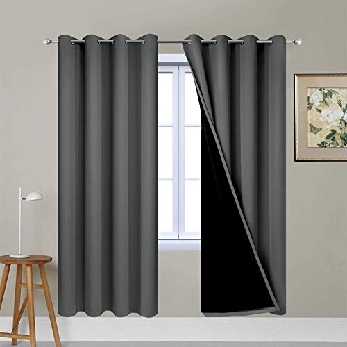 "Yakamok Dark Grey 100% Blackout Curtains 63 Inches Long 52"" Wide 2 Panels - Blackout Curtain Panels for Bedroom, 2 Thick Layers Grommet Top Thermal Insulated Drapes with Black Liner for Living Room"