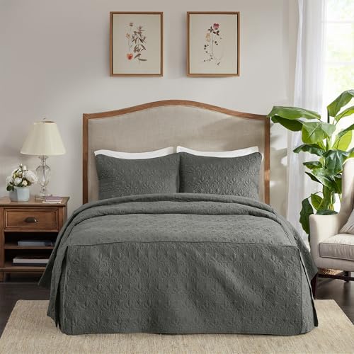 "Madison Park Quebec Split Corner Quilted Bedspread Classic Traditional Design All Season, Lightweight, Bedding Set, Matching Shams, King(79"" x81+24D), Damask Quilted Dark Grey 3 Piece"
