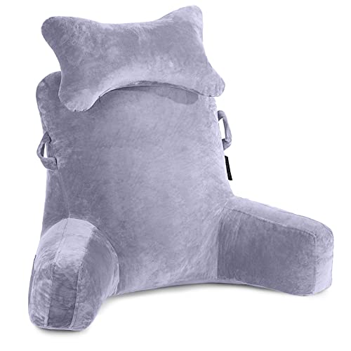"Reading Pillow-Extra Large 31"" Bed Rest Pillow with Detachable Neck Roll & Arms for Sitting in Bed or Couch-Backrest Reading Pillow Adult Back Pillows for Reading/Watching TV/Gaming/Relaxing-Grey"