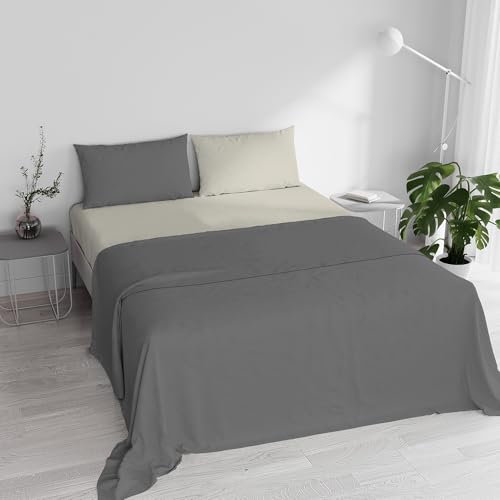 Double Bed Sheet Set, 100% Natural Cotton, Made in Italy – Complete Bed Set, Fitted Sheet, Top Sheet 240 x 300 cm and Pillowcases with Inner Flap, Dark Grey/Cream