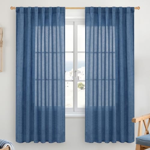 YoungsTex Navy Blue Linen Curtains Light Filtering, 72 Inch Sheer Drapes - Navy Drapes Rod Pocket Back Tab Textured Privacy for Bedroom Dining Room Window, 2 Panels