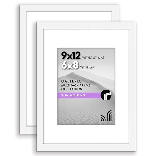 Americanflat 9x12 Picture Frame in White - Set of 2 - Use as 6x8 Picture Frame with Mat or 9x12 Frame Without Mat - Includes Sawtooth Hanging Hardware for Horizontal or Vertical Display