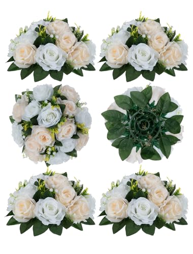 BLOSMON Flower Centerpieces for Tables Wedding 6 Pcs Champagne & White Fake Flowers with Base Rose Balls Arrangement Bouquet Floral Centerpiece Artificial Wedding Center Pieces of Home Party Decor