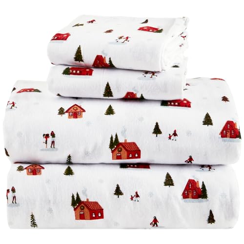 "Comfort Spaces 100% Cotton Flannel Sheets Twin XL, Ultra Soft Cozy Flannel Sheet Set with 12"" Elastic Pocket Fits up to 14"" Mattress, Novelty Print Warm Flannel Bedding, Christmas Village 3 Piece"