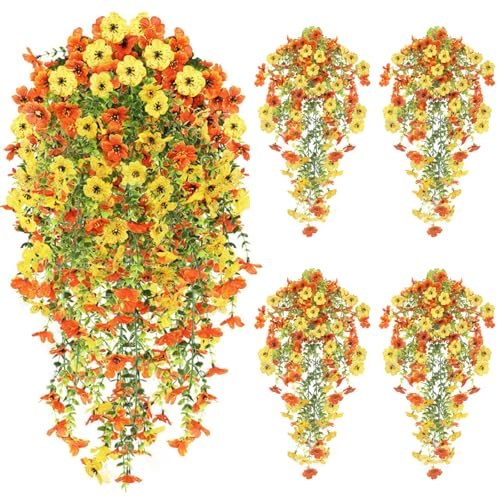 FUTBER 4PCS Faylifeway Artificial Hanging Flowers for Outdoors Summer Decoration, Upgrade UV Resistant Faux Silk Hanging Plants for Outside, (Orange&Yellow)