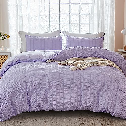 AveLom Lavender Purple Seersucker Duvet Cover Set Queen (90 x 90 inches), 3 Pieces (1 Duvet Cover + 2 Pillow Cases), Ultra Soft Washed Microfiber, Textured Duvet Cover with Zipper Closure, Corner Ties