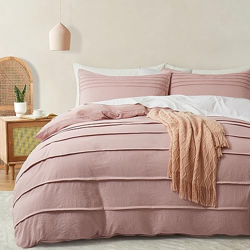 Oli Anderson 3PCS Pleated Duvet Cover Set, Misty Rose, Queen - Wrinkle Texture, Soft & Breathable, All Season Bedding Set, Hidden Zipper, 8 Corner Ties, Machine Washable