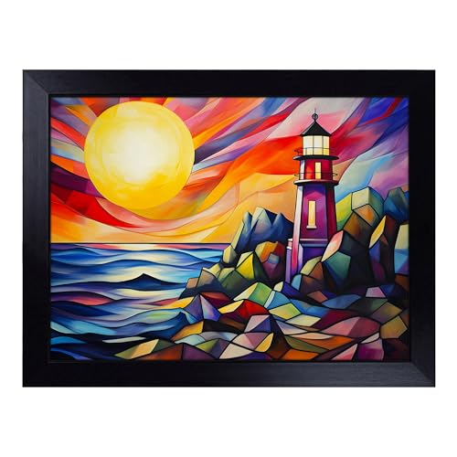 Lap Tray with Bean Bag Cushion, Lighthouse Orphism - Handmade in the UK, Raised Wooden Edge, Padded Cushion, Heat-Resistant Wipe-Clean Surface, for Meals, Laptops and Crafts