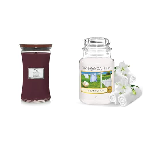 Woodwick Large Hourglass Scented Candle - Black Cherry - with Crackling Wick - Burn Time : Up to 130 Hours & Yankee Candle Scented Candle - Clean Cotton Large Jar Candle