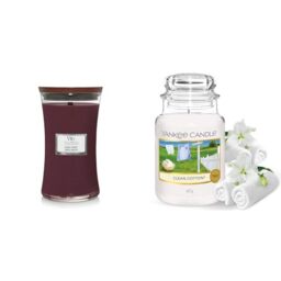 Woodwick Large Hourglass Scented Candle - Black Cherry - with Crackling Wick - Burn Time : Up to 130 Hours & Yankee Candle Scented Candle - Clean Cotton Large Jar Candle