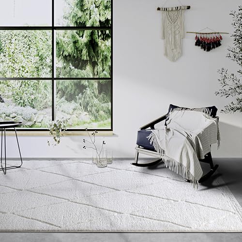 Elle Decor ation High Pile Perrotin Rug, Modern Living Room Rug, Long Pile Shaggy, Modern Pattern, Fluffy Soft Boho for Living Room, Bedroom, Cream White, 160 x 235 cm
