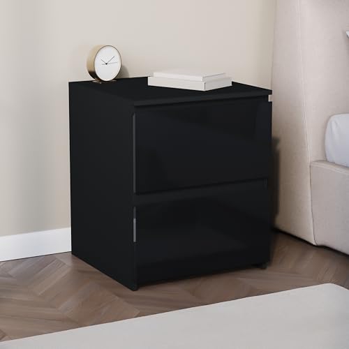 Vida Designs Glinton 2 Drawer Bedside Table - Black - 51.5H x 43W x 40D cm - Stylish High-Gloss - Compact Space-Saving Nightstand - Engineered Wood - Smooth Glide Drawer - Ideal for Bedroom Guest Room