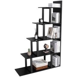 YITAHOME 5-Shelf Bookshelf, L-Shape Freestanding Ladder Corner Bookcase, Modern Minimalist Style Multipurpose Storage Display Rack for Living Room Bedroom Hallway Office, Black