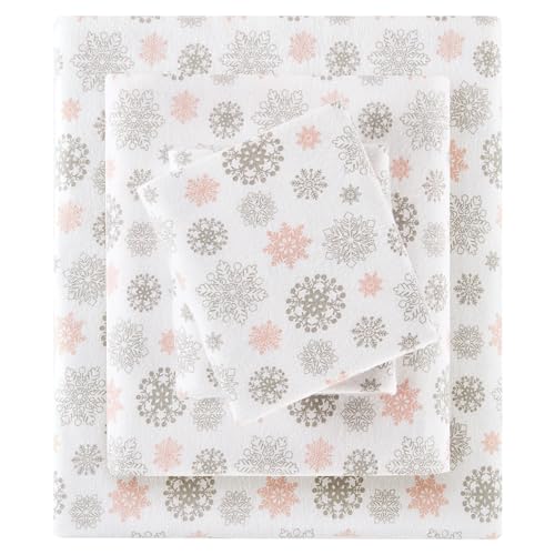SLEEP PHILOSOPHY True North Cozy Flannel 100% Cotton Ultra Soft Cold Weather Sheet Set Bedding, Full, Pink/Grey Snowflakes