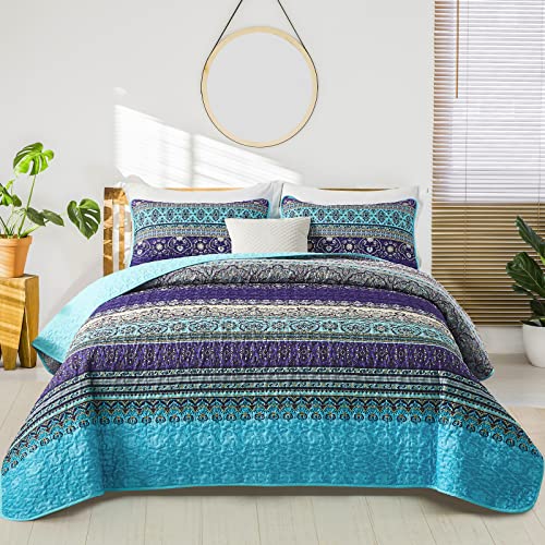 "WONGS BEDDING Boho Quilt King Size, Blue Purple Bohemian King Quilt, Lightweight Microfiber Bed Decor Bedspread for All Season 103""x90""(3 Pieces)"